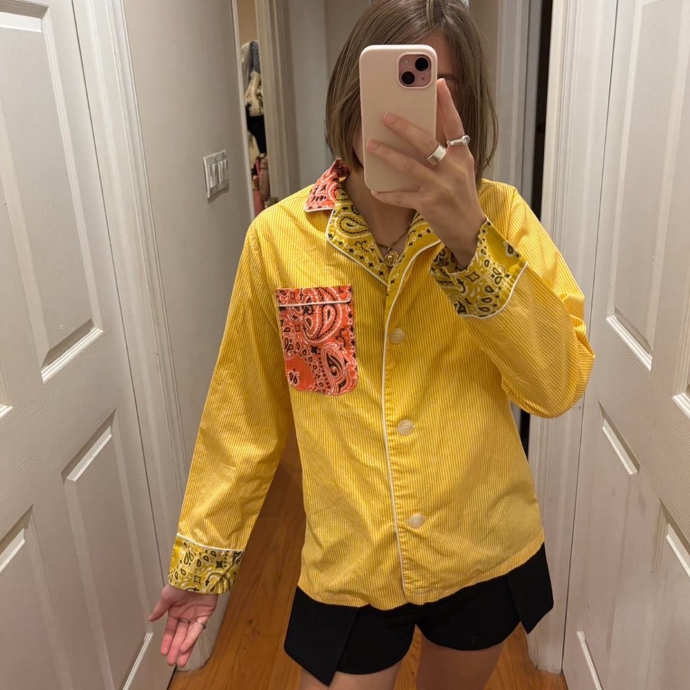 Yellow Button Down‎ Shirt with Paisley Accents